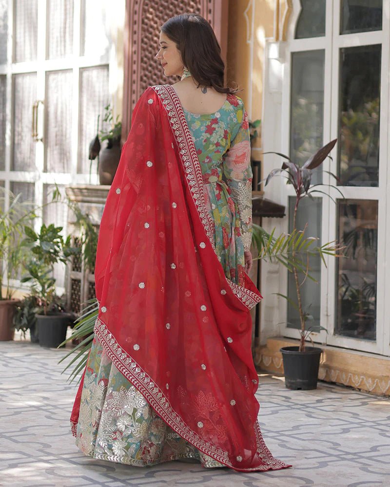 Womenline Lime Green Color Alia Cut Embroidered Gown With Dupatta