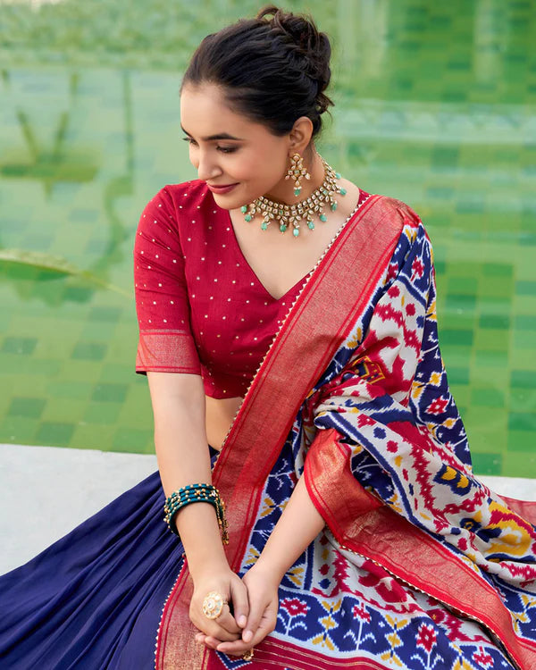Womenline Navy Blue Color Tussar Silk Patola Printed Half Saree