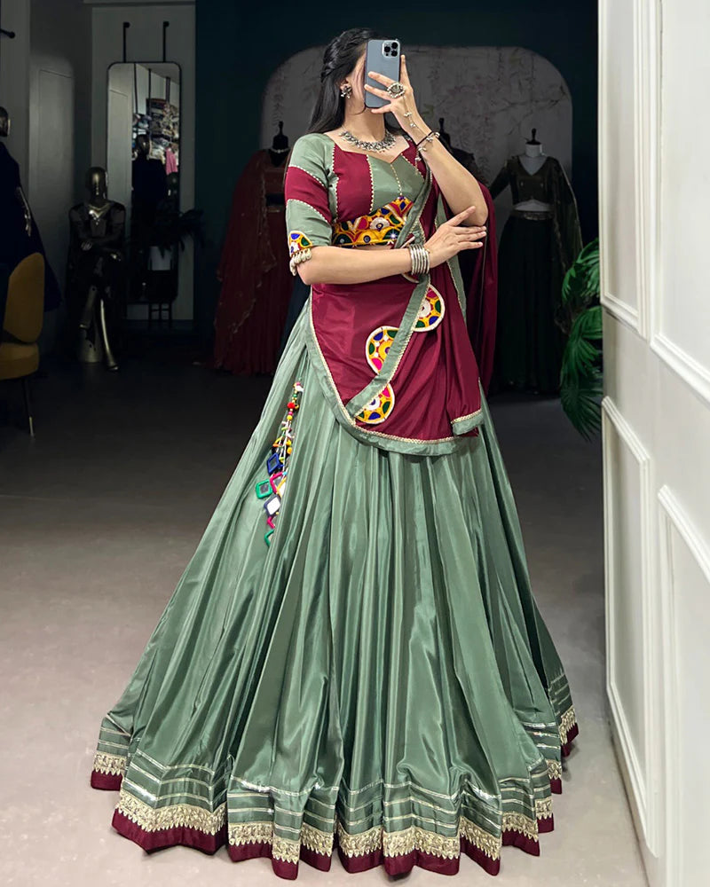 Womenline Graceful Green And Maroon Silk Crape Lehenga Choli With Elegant Dupatta