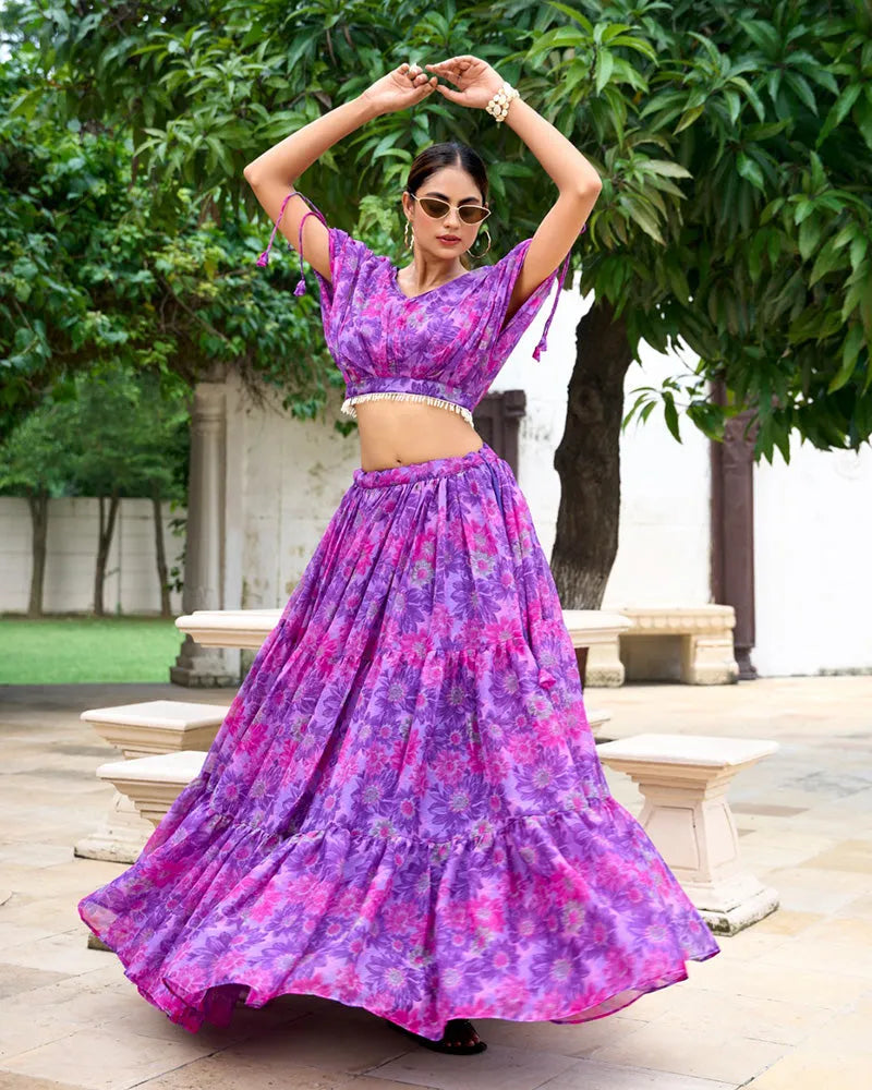 Womenline Purple Color Chiffon Printed Crop Top Lehenga Choli
