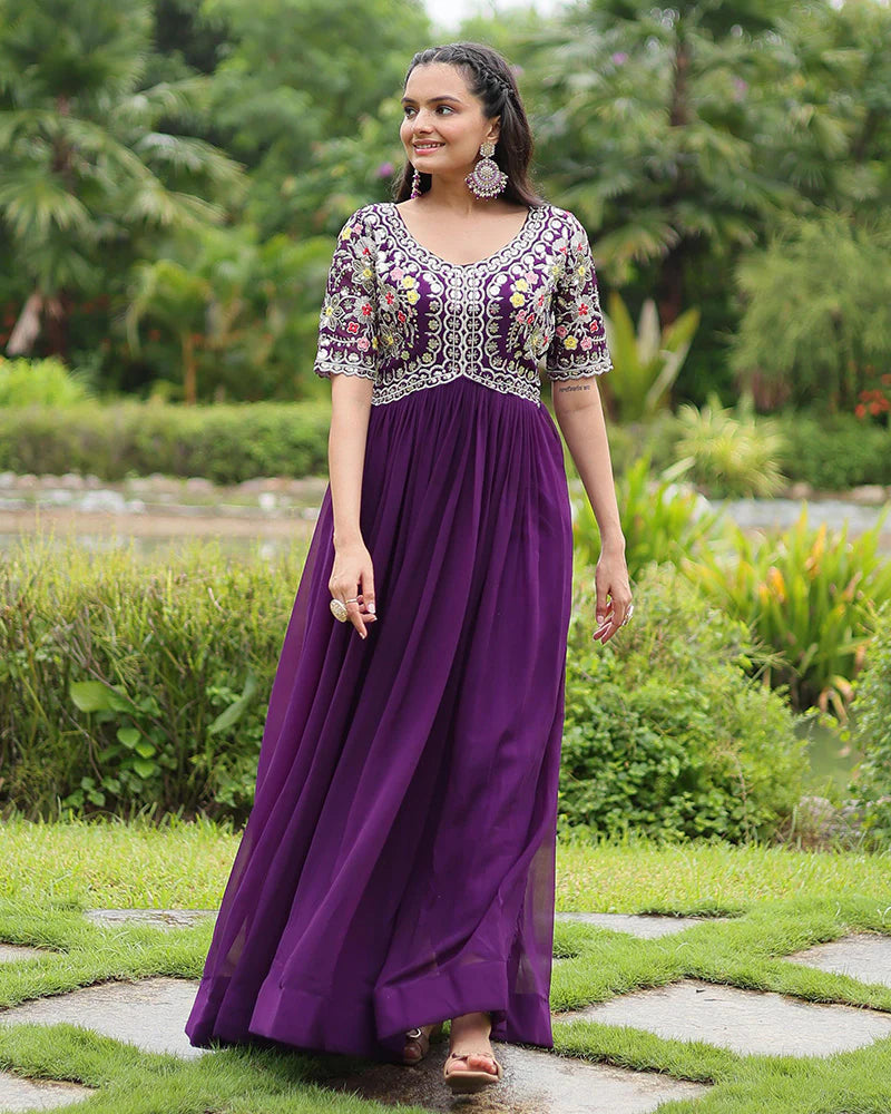 Womenline Purple Color Faux Blooming Embroidered Gown