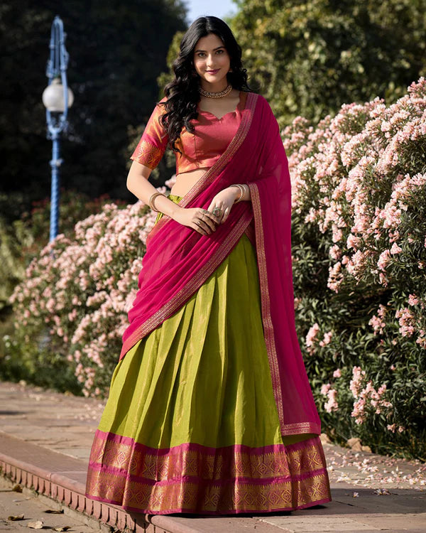 Womenline Pista Color Kanchipuram Silk Designer Half Saree