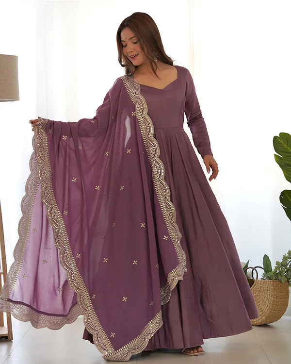 Womenline Onion Color Pure Chanderi Silk Three Piece Anarkali Suit