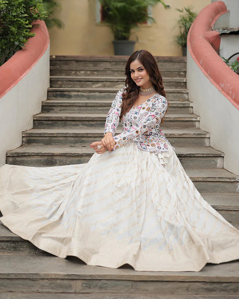 Womenline White Color Viscose jacquard Crop Top Lehenga Choli