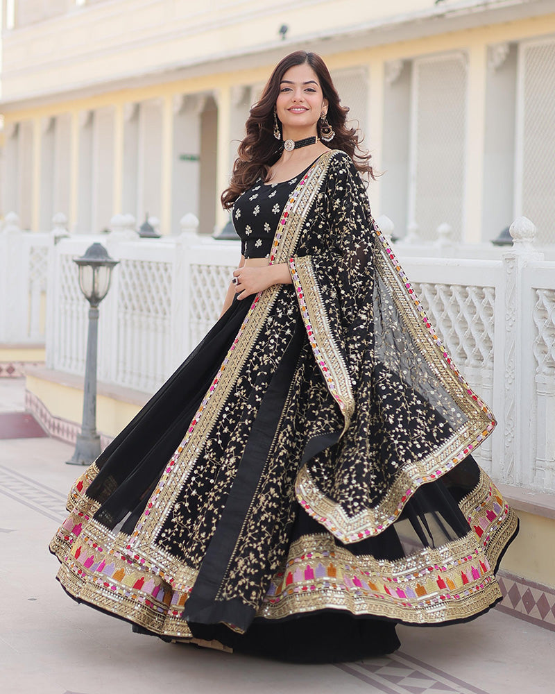 Womenline Black Color Georgette Sequence Embroidered Lehenga Choli