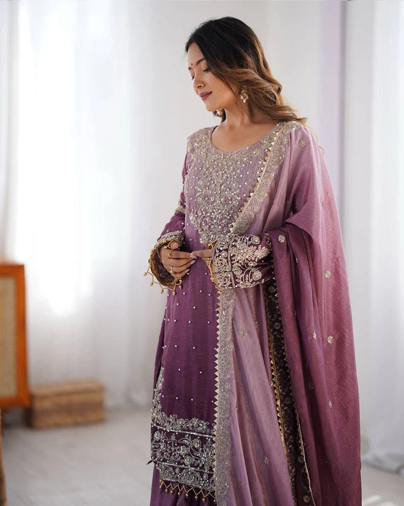 Womenline Onion Color Chinnon Sequence Work Plazzo Suit