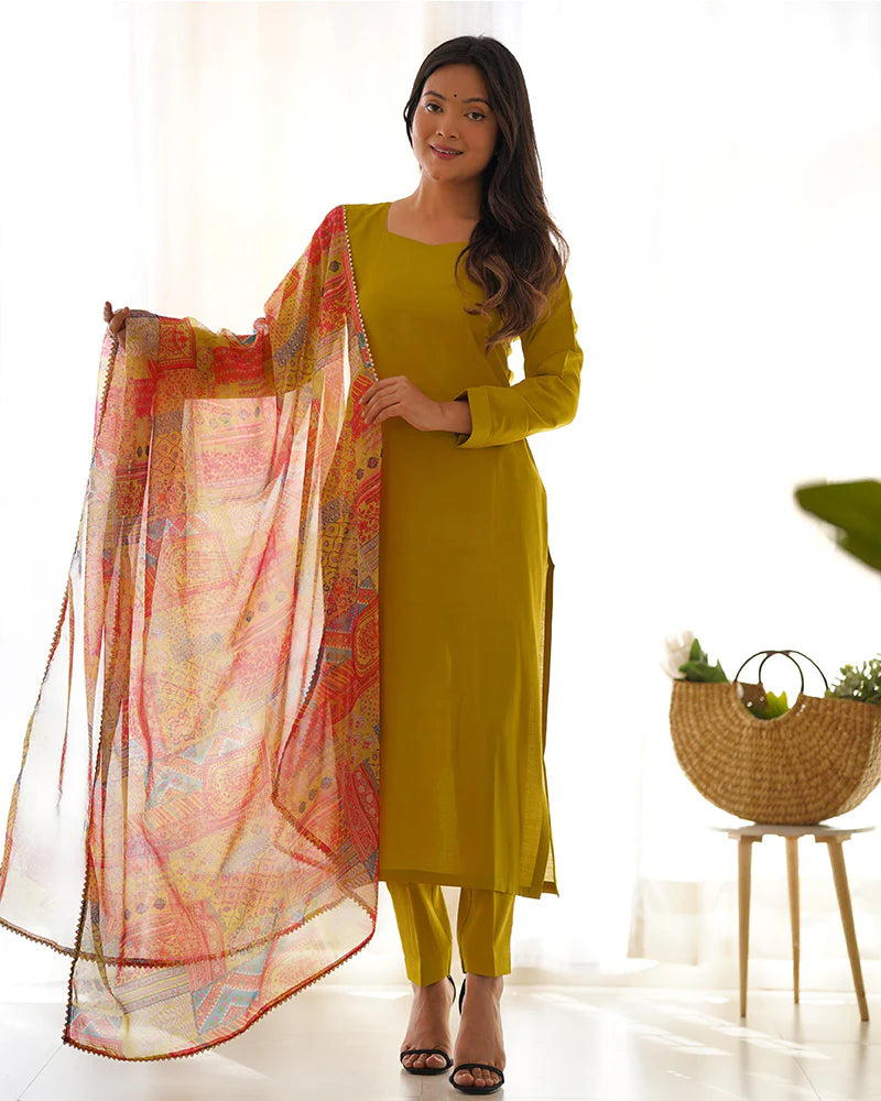Womenline Yellow Color Viscose Ready To wear Three Piece Kurti Suit