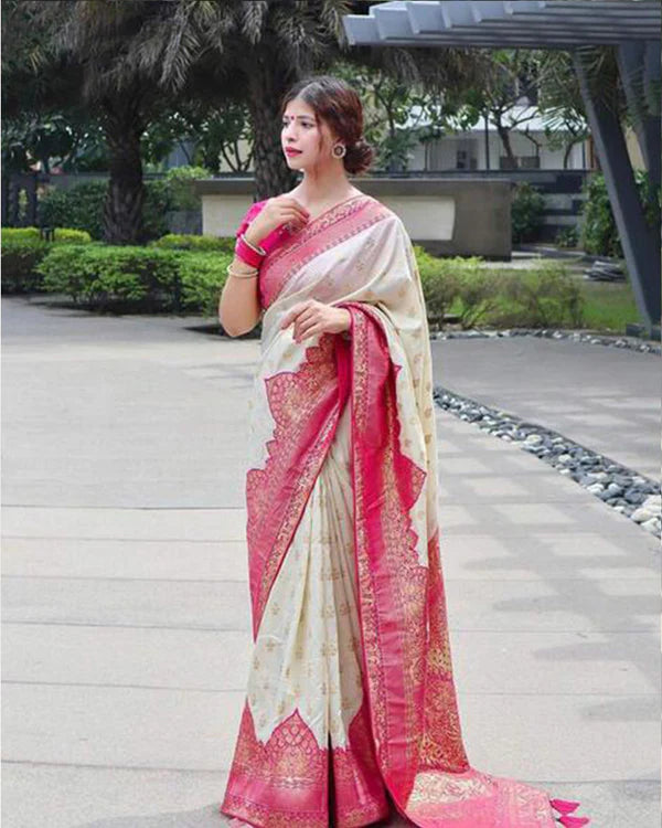Womenline Pink And Cream Color Banarasi Jacquard Soft Silk Saree