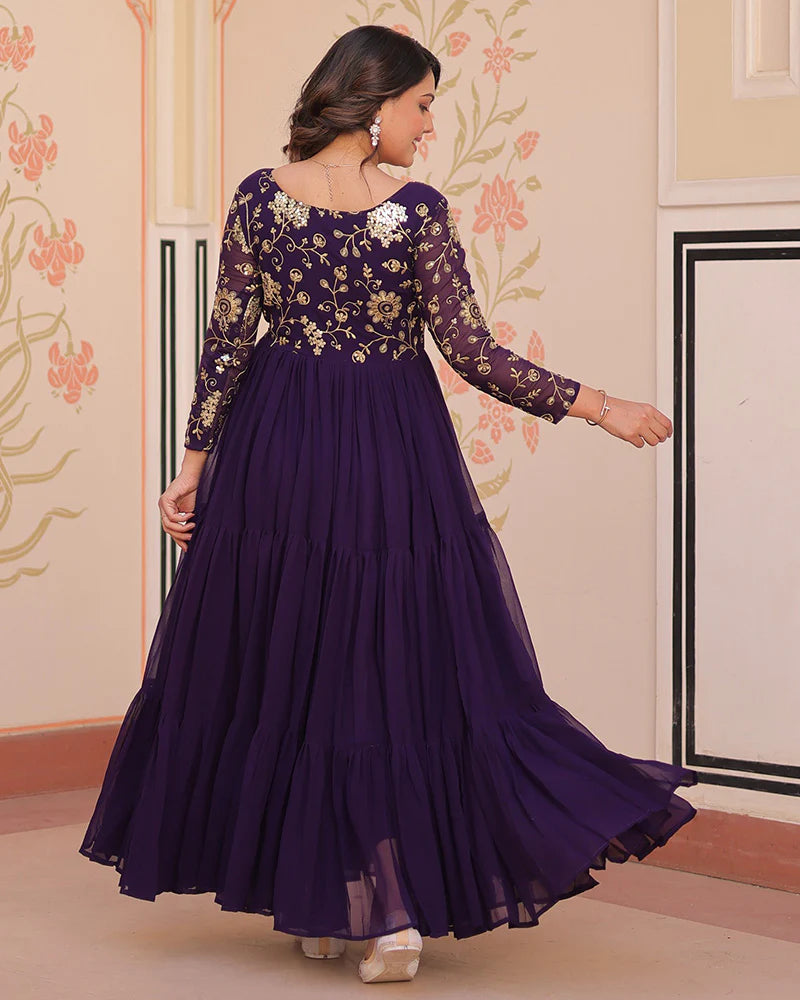 Womenline Elegant Purple Floor-Length Gown With Golden Threadwork