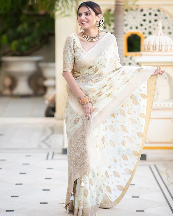 Womenline White Color Banarasi All over Jacquard Soft Silk Saree