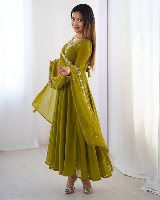 Womenline Mehndi Green Color Georgette Embroidered Three Piece Anarkali Suit
