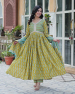 Womenline Lime Green Color Printed Pure Cotton Three Piece Kurti Suit
