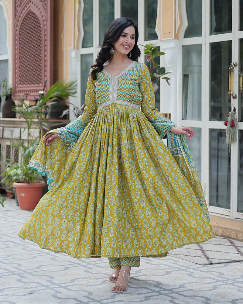 Womenline Lime Green Color Printed Pure Cotton Three Piece Kurti Suit