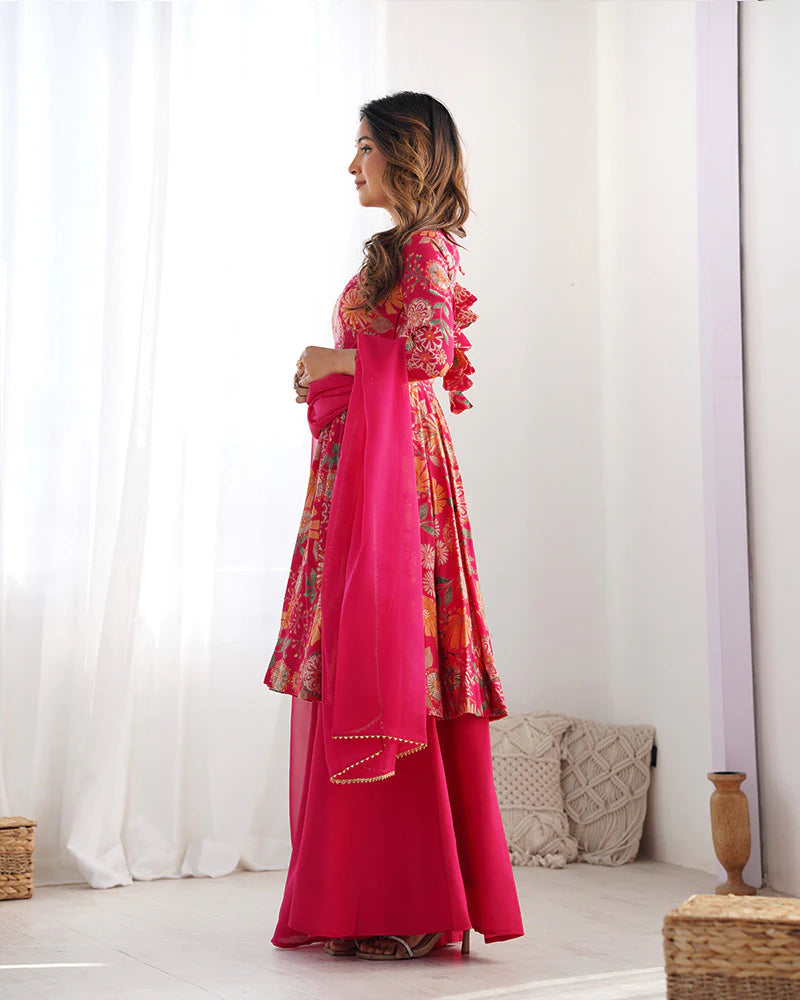 Womenline Rani Pink Color Roman Silk Discharge Printed Plazzo Suit