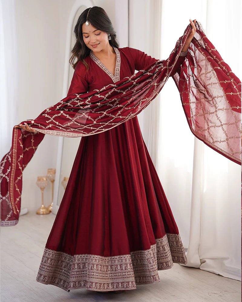 Womenline Maroon Color Vichitra Silk Embroidered Gown