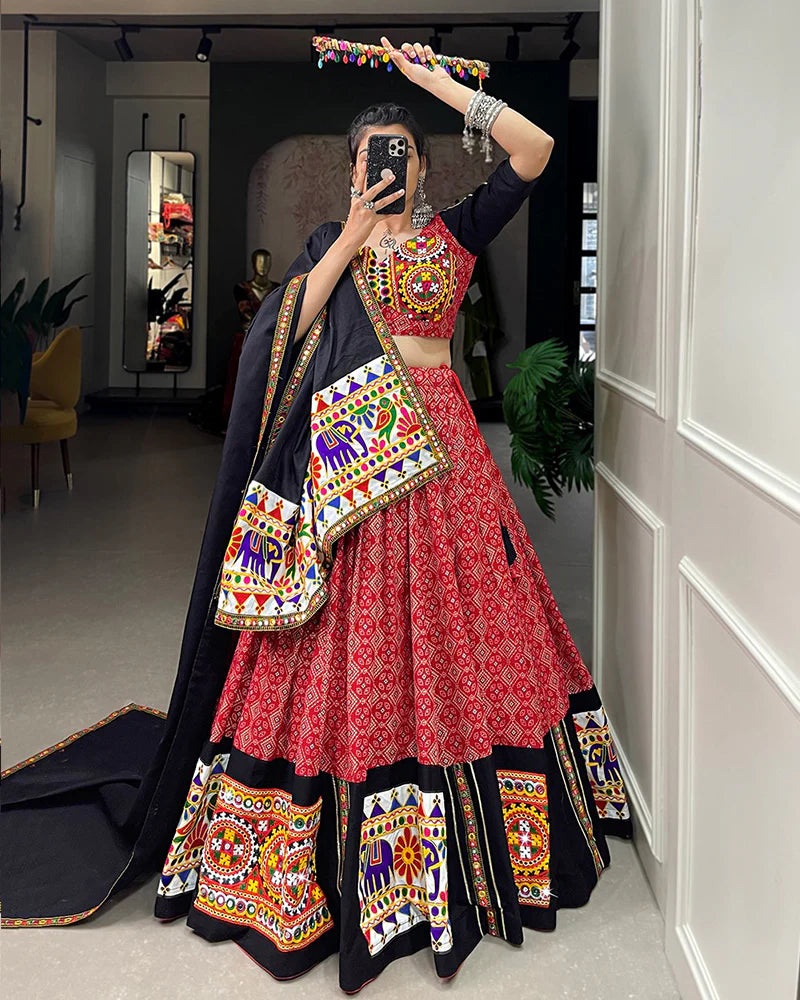 Womenline Red Color Cotton Gamthi Work Navratri Lehenga Choli