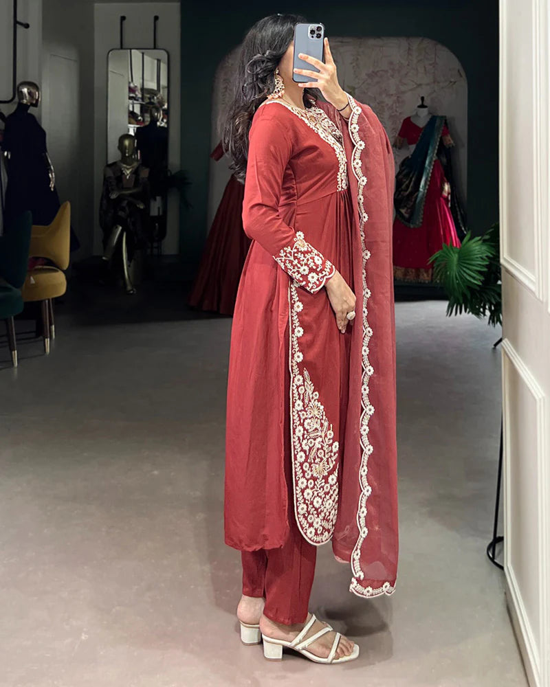 Womenline Rust Orange Color Maska Cotton Three Piece Kurti Suit