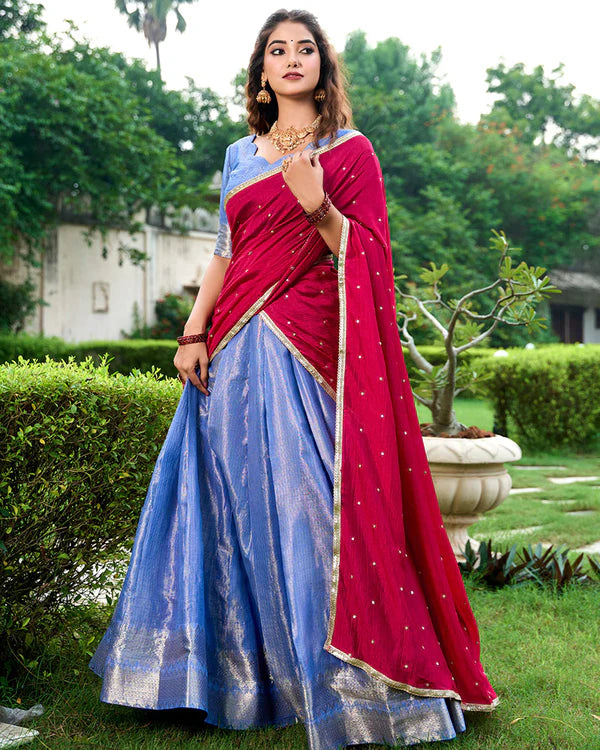 womenline Blue Color Kanchipuram Designer Half Saree