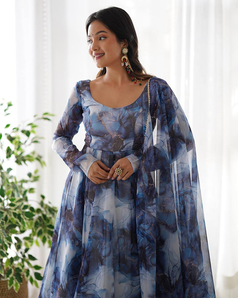 Womenline Navy Blue Color Pure Soft Organza Three Piece Anarkali Suit