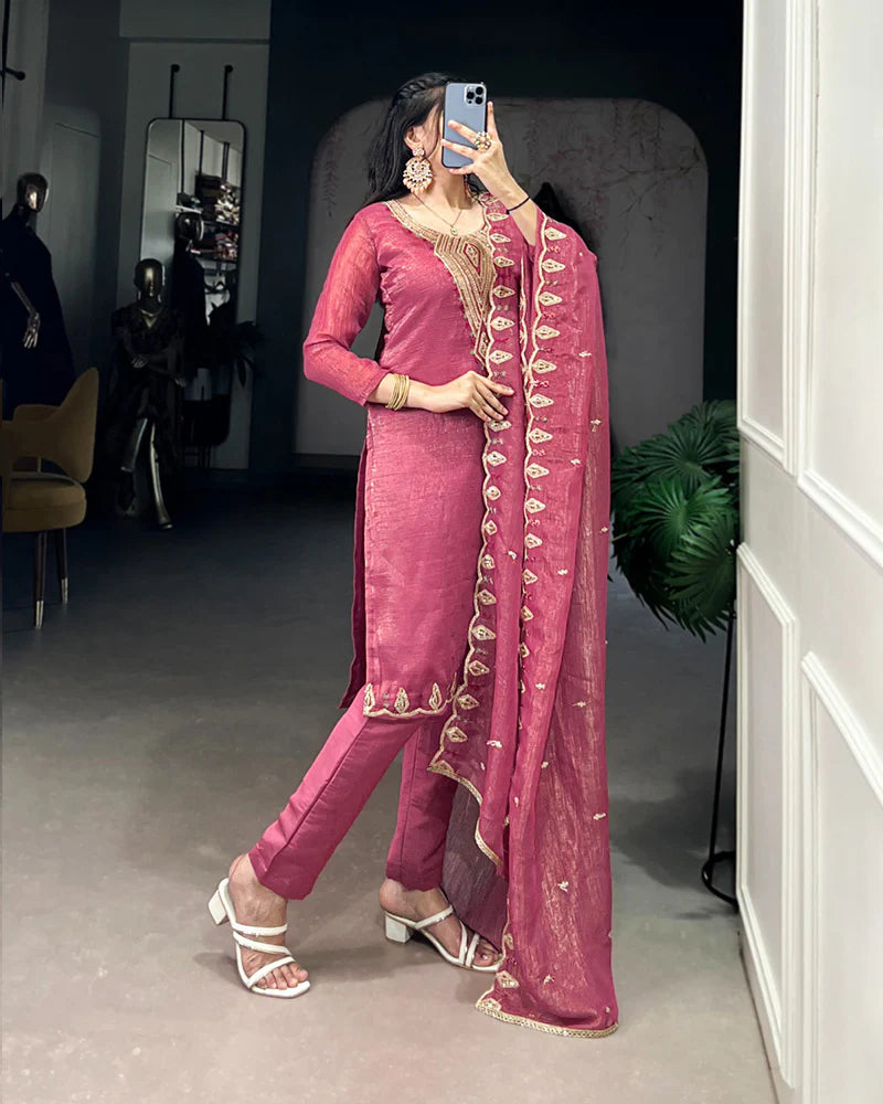 Womenline Pink Color Silver Glory Three Piece Kurti Suit