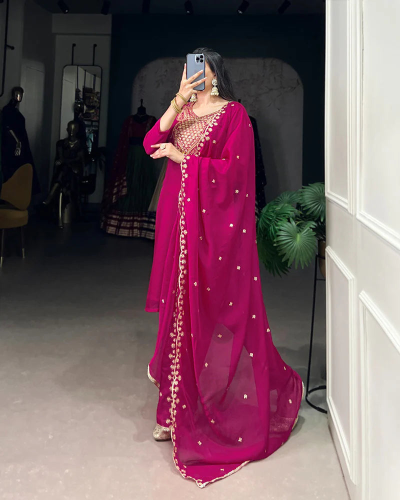 Womenline Pink Color Organza Three Piece Kurti Suit