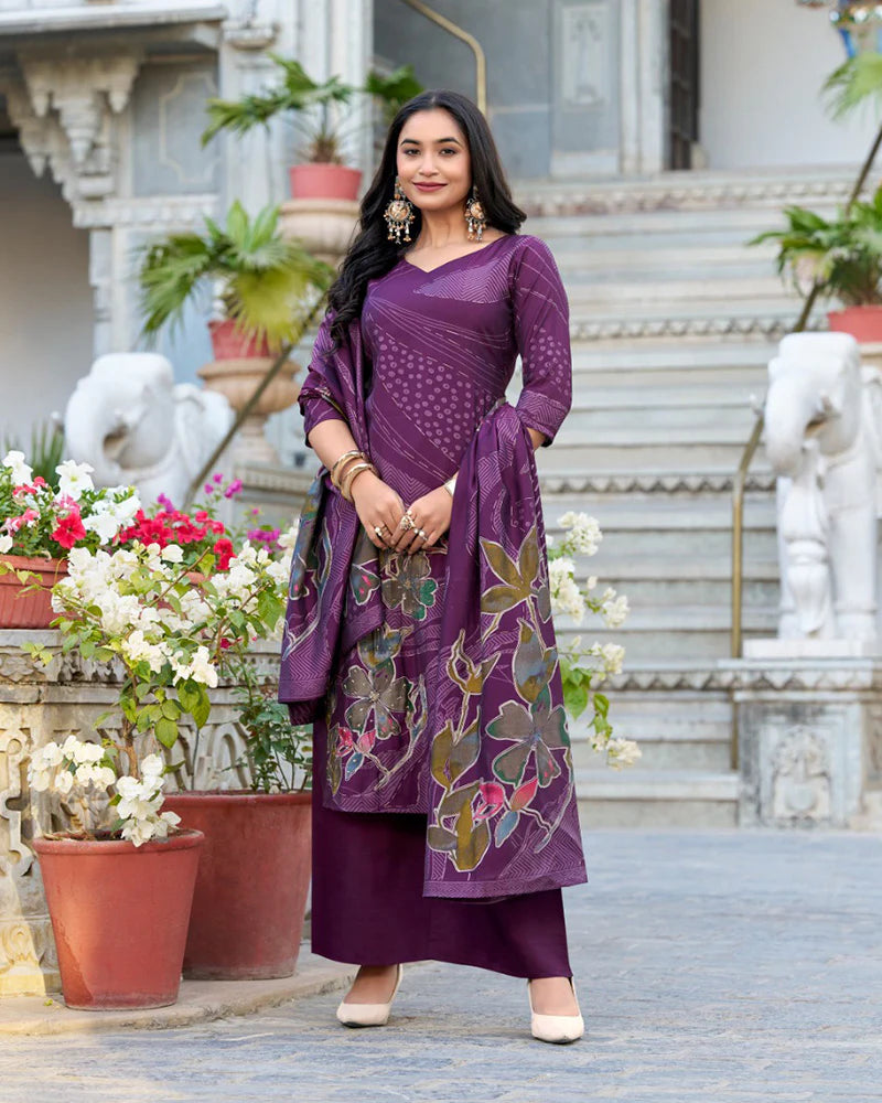 Womenline Wine Color Roman Silk Three Piece Kurti Suit