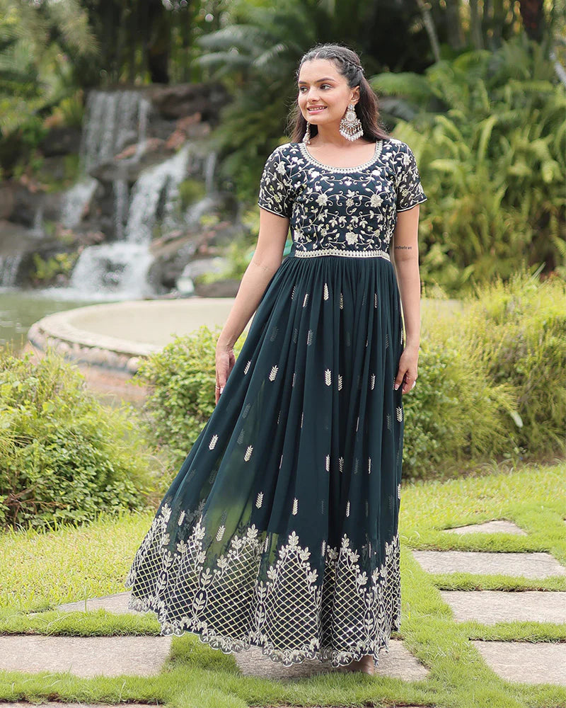 Womenline Mehndi Color Faux Blooming Embroidered Gown