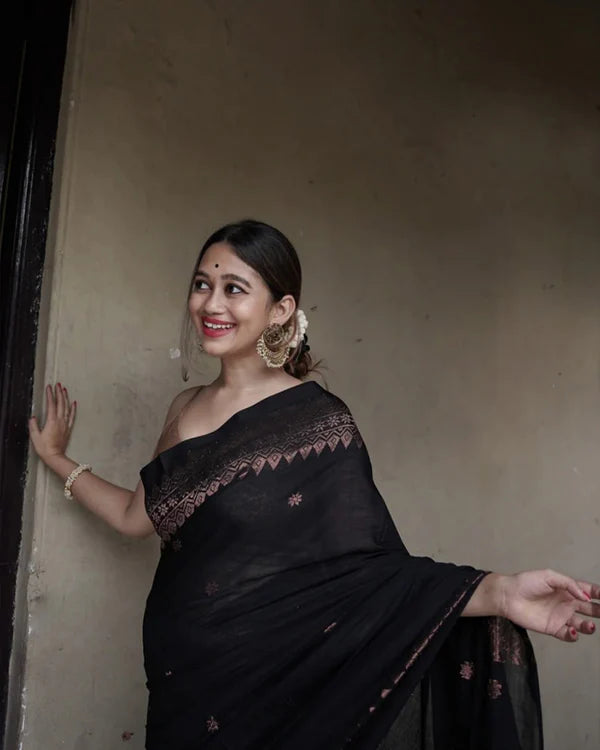 Womenline Black Color Banarasi Jacquard Soft Silk Saree