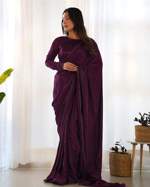 Womenline Wine Color Marble Velvet Saree