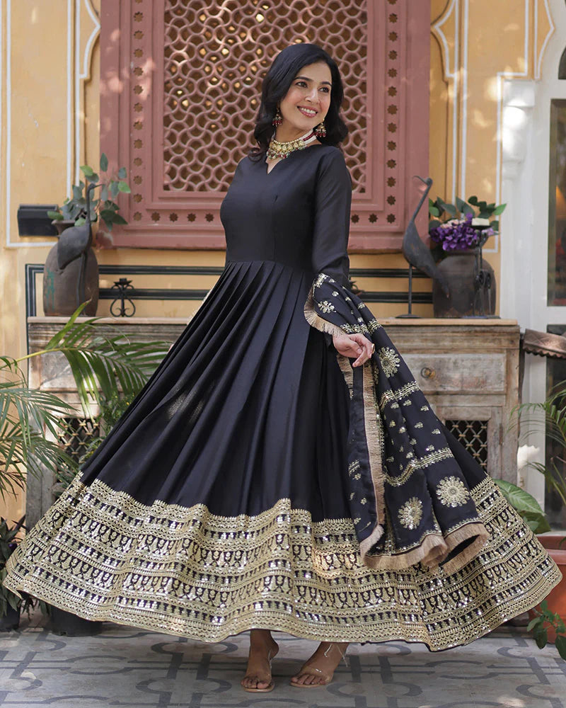 Womenline Black Color Star Georgette Sequence Embroidered Gown