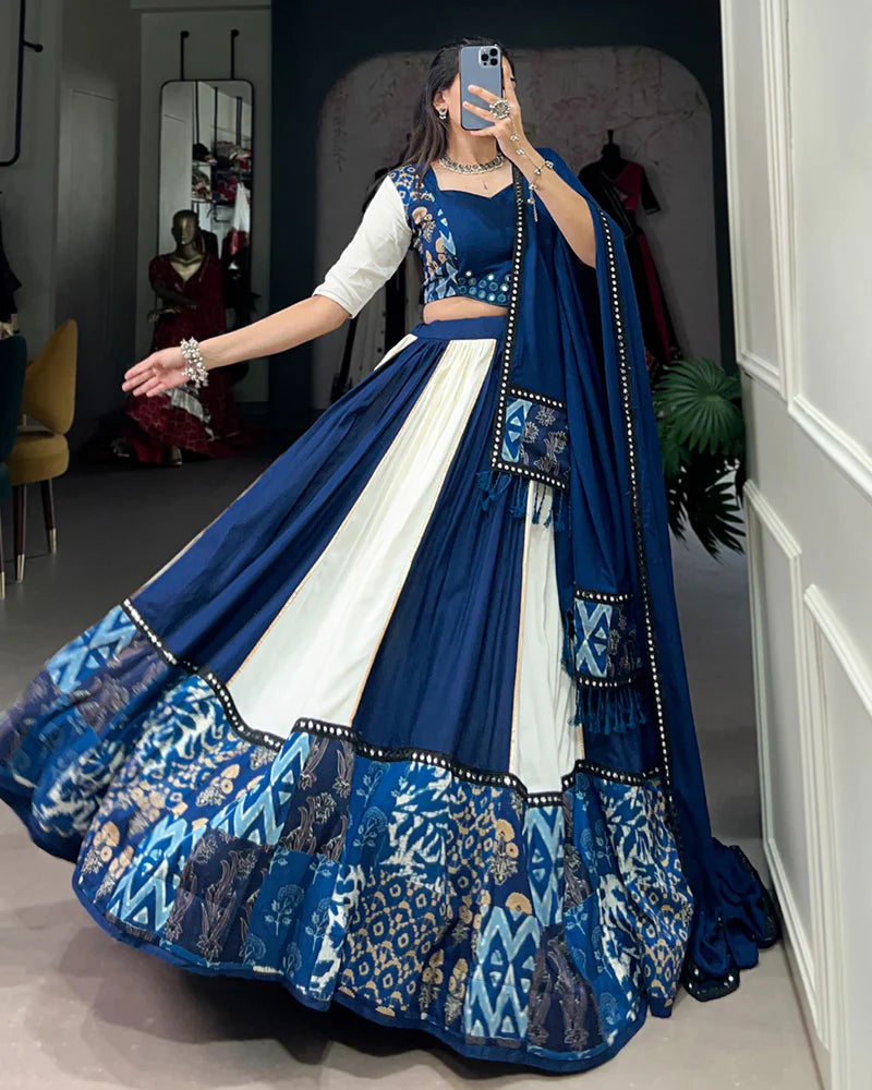 Womenline White And Blue Color Rayon Navratri Lehenga Choli