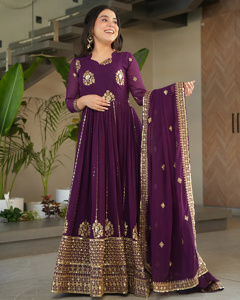 Womenline Royal Purple Color Designer Golden Embroidered Gown