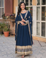 Womenline Rama Color Faux Blooming Zari Embroidered Work Gown