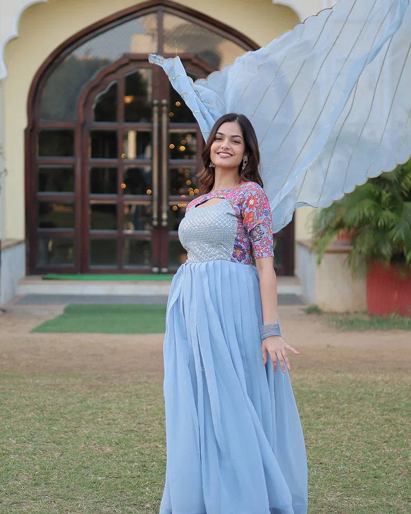 Womenline Sky Blue Color With Fancy Neck Faux Georgette Designer Anarkali Suit