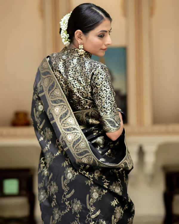 Womenline Black Color Banarasi Jacquard Zari Weaving Saree