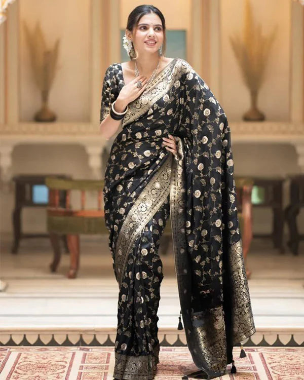 Womenline Black Color Banarasi Jacquard With Zari Work Saree