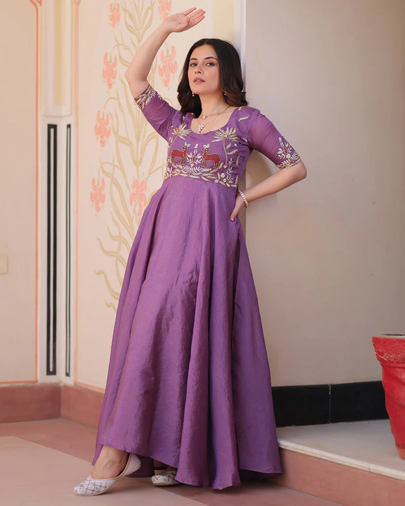 Womenline Lavender Color Gold Crush Embroidered Work Gown