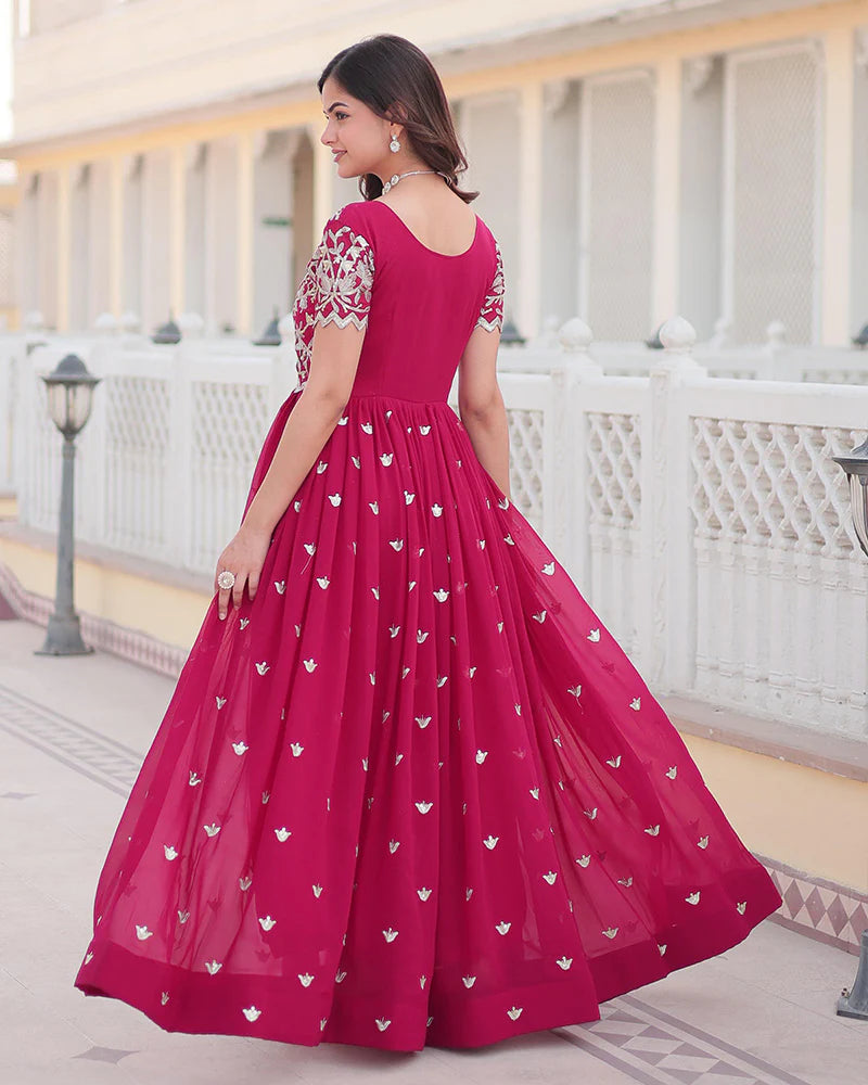 Womenline Rani Pink Color Faux Blooming Sequins Embroidered Anarkali Gown