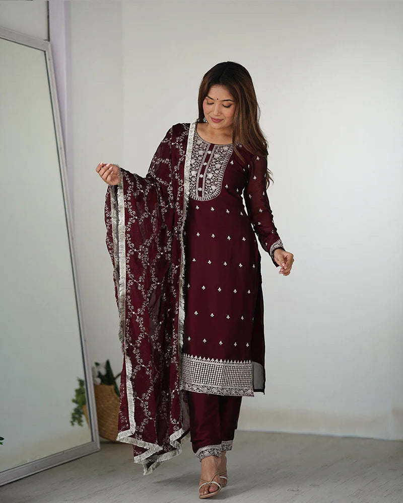 Womenline Maroon Color Rangoli Silk Three Piece Kurti Suit