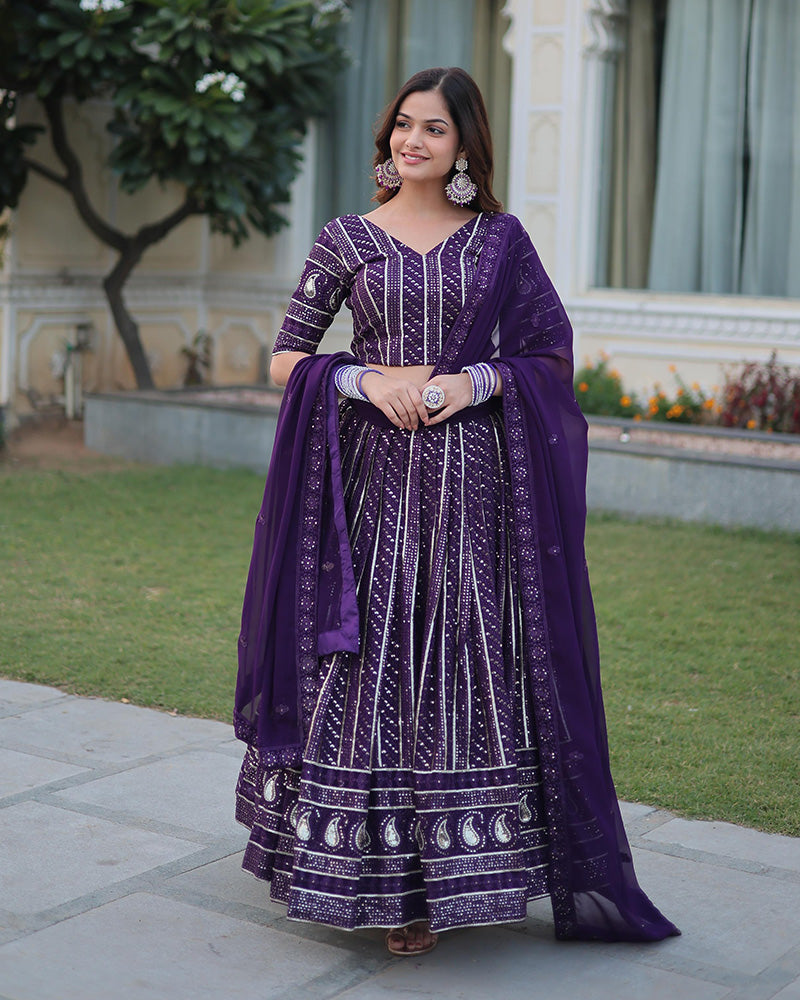 Womenline Designer Wine Color Faux Blooming Semi stitched Lehenga Choli