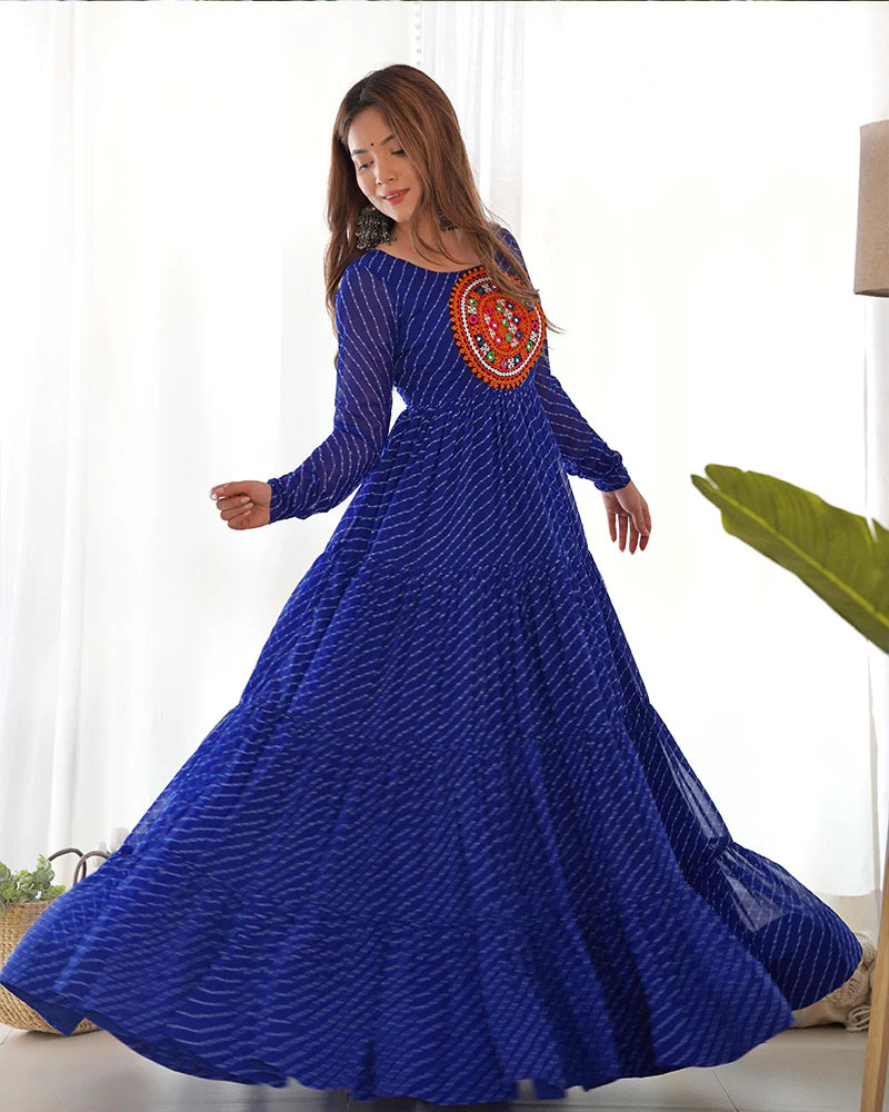 Womenline Royal Blue Color Georgette Laheriya Print Navratri Gown