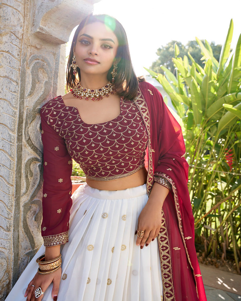 Womenline White Color Georgette Sequence Embroidered Lehenga Choli