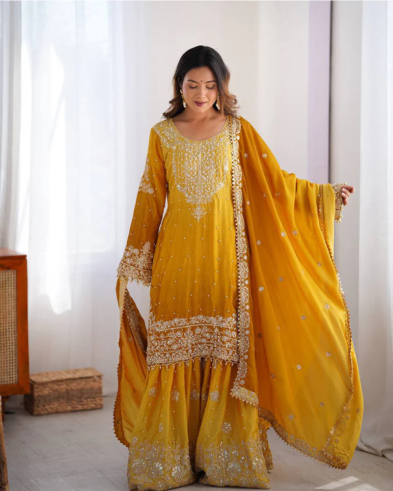 Womenline Yellow Color Chinnon Sequence Work Plazzo Suit