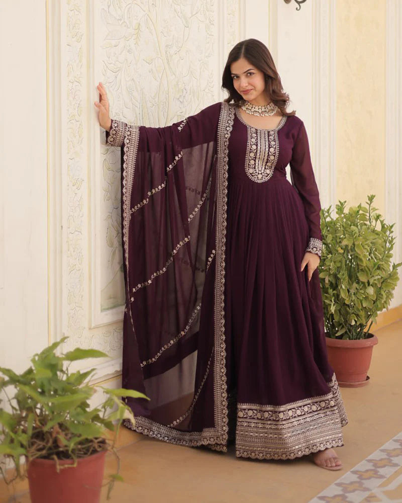 Womenline Wine Color Faux Blooming Rich Sequence Embroidered Gown