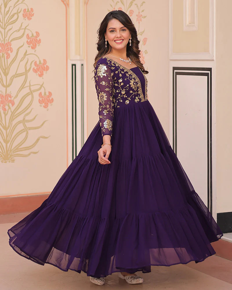 Womenline Elegant Purple Floor-Length Gown With Golden Threadwork