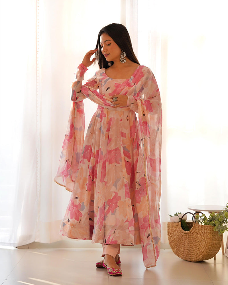 Womenline Beautiful Baby Pink Multi Color Georgette Three Piece Anarkali Suit