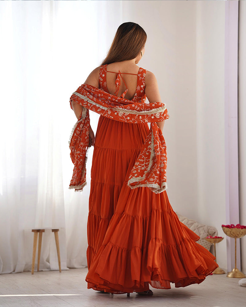 Womenline Orange Color Georgette Five Layer Ruffle Style Anarkali Suit
