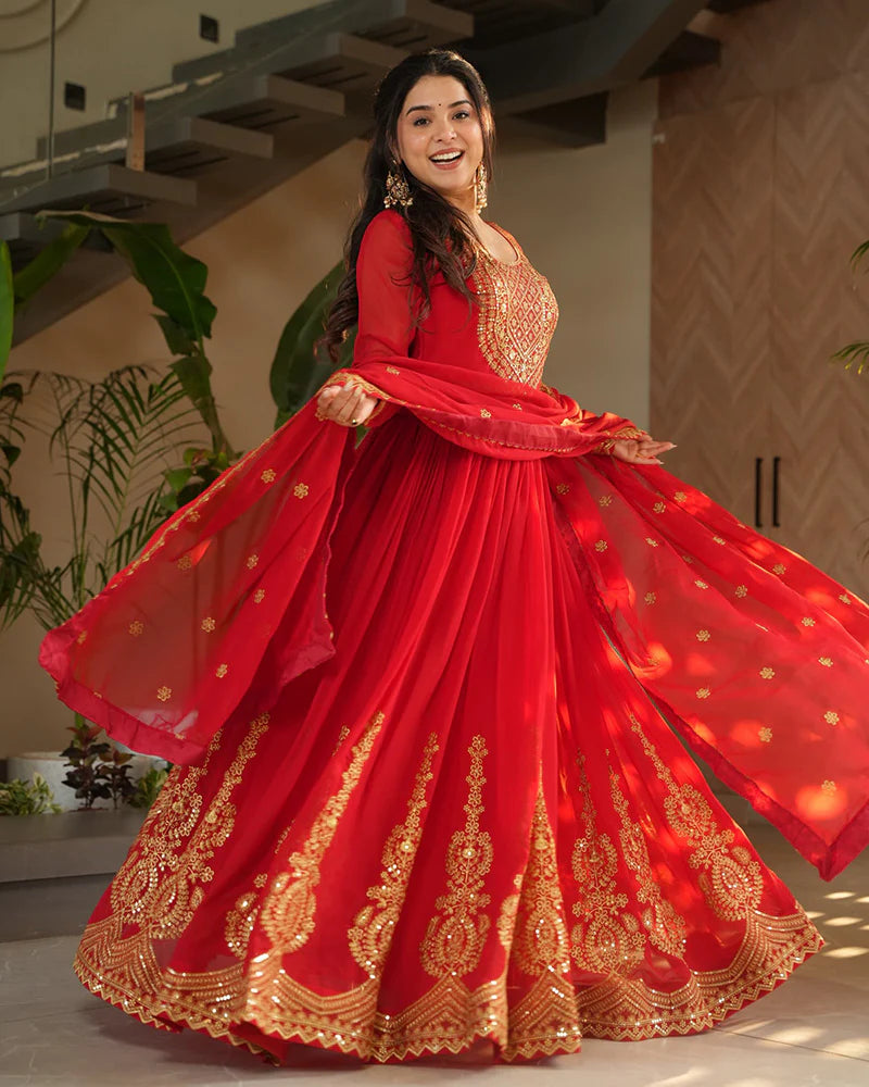 Womenline Red Color Faux Blooming Embroidered Gown