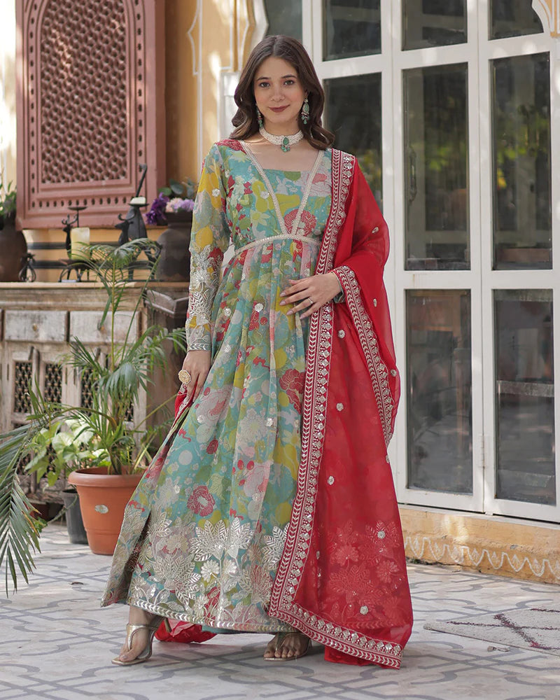 Womenline Lime Green Color Alia Cut Embroidered Gown With Dupatta
