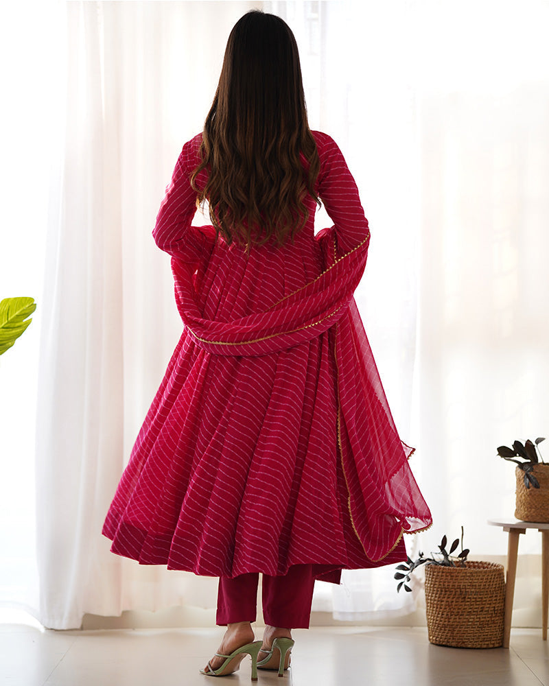 Womenline Rani Pink Color Laheriya Print Georgette Three Piece Anarkali Suit